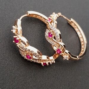 Large Gold Filled Huggie Style Hoop Earrings Pink and Clear Crystal's New